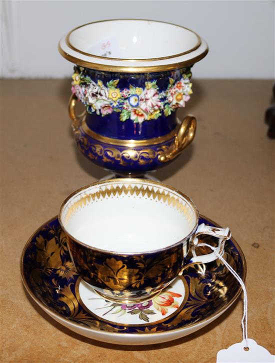 Crown Derby floral encrusted campana and Derby cup and saucer
